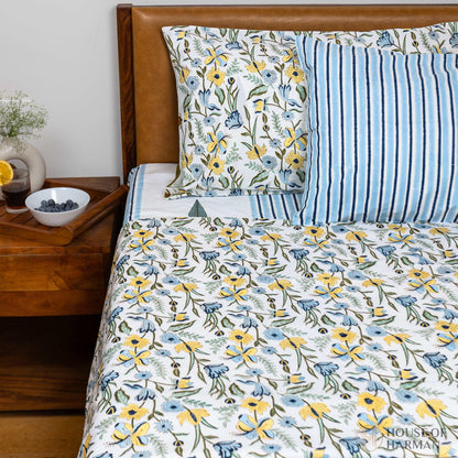 Meadow Bloom Stripes Bedsheet and Dohar - HOUSE OF HARMAN