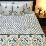 Sapphire Pine Floral Jaal Bedsheet and Quilt